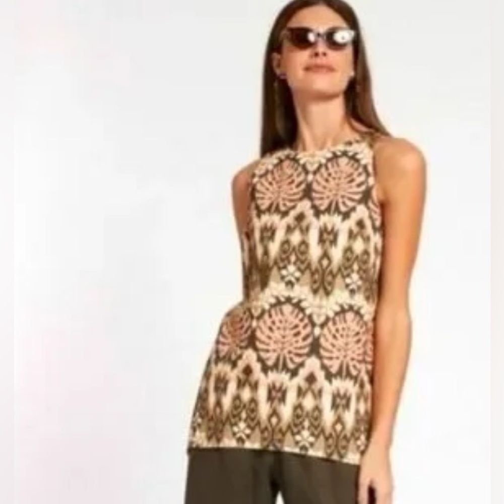 Tyler Boe Linen Aztec BoHo Tunic Top Shirt Brown Tan size Small